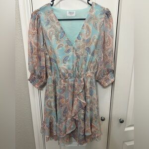 Sienna Sky Aqua and Peach Paisley Ruffle Mini Dress